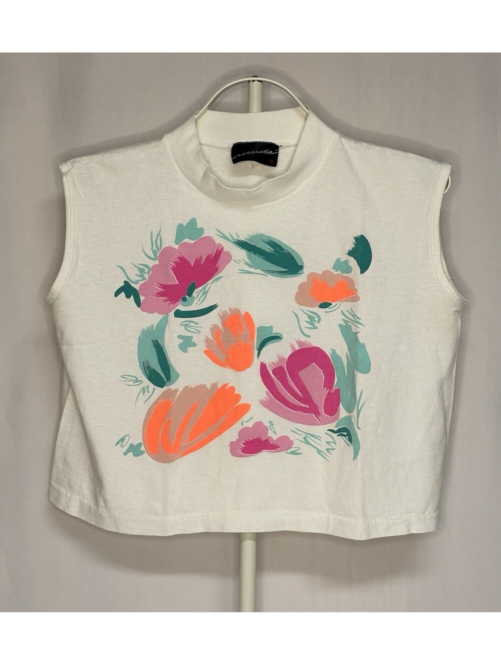 Vtg 90s Marika Floral Muscle Tee White Crop Top Tank Mock Neck Made In USA